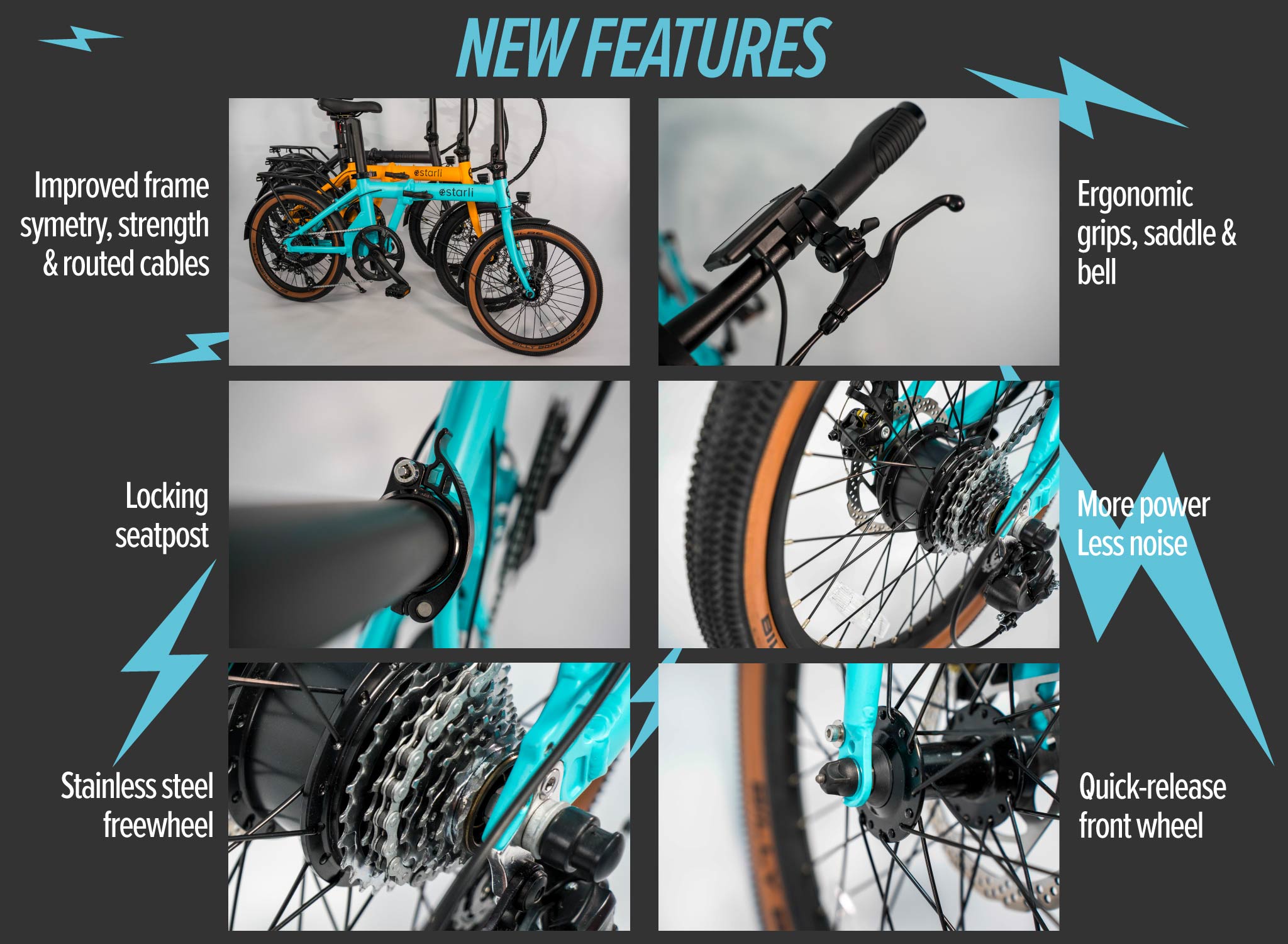 New features of the e20.7 comfort include: Improved frame symmetry, strength and routed cables, ergonomic grips saddle and bell, locking seatpost, more power and less noise, a stainless steel freewheel and a quick-release front wheel. 