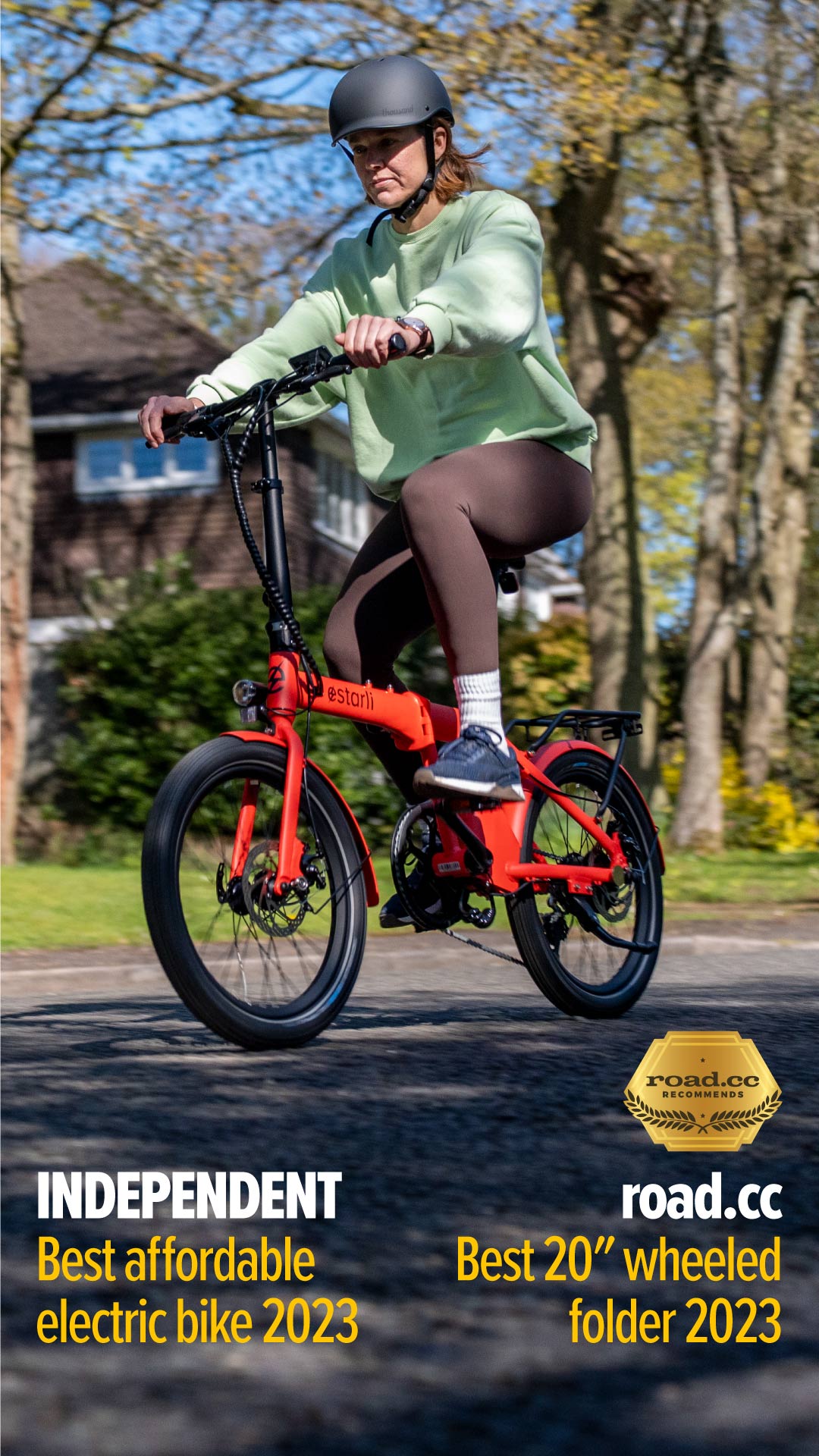 The award-winning estarli e20.7. Named 'Best affordable electric bike in 2023' by The Independent Newspaper and 'Best 20 inch wheeled folder in 2023' by Roadcc magazine.