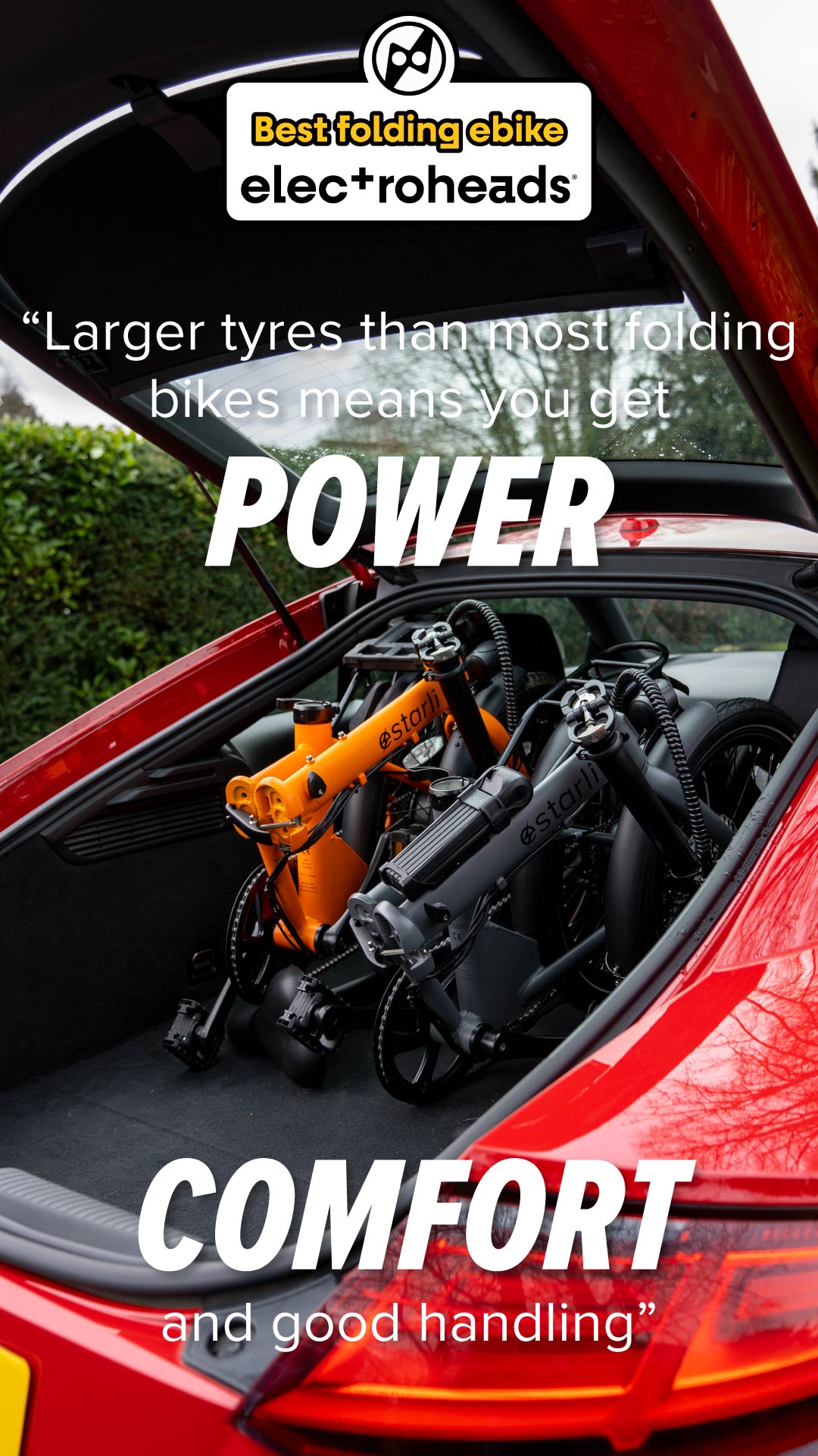 'The best folding ebike' according to Electroheads. In their words, "larger tyres than most folding bikes means you get power, comfort and good handling".