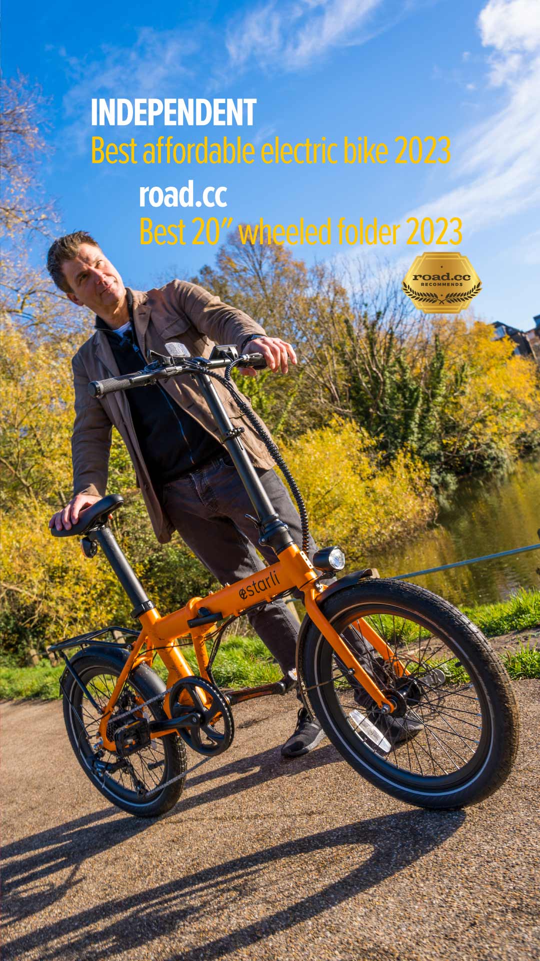 The award-winning estarli e20.7. Named 'Best affordable electric bike in 2023' by The Independent Newspaper and 'Best 20 inch wheeled folder in 2023' by Roadcc magazine.