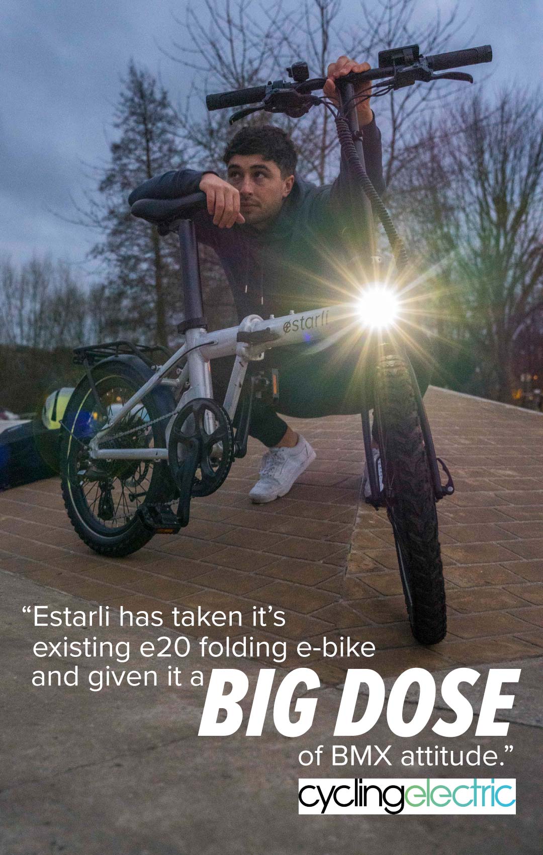 Cycling electric review of the Estarli e20.8. "Estarli has taken it's existing e20 folding e-bike and given it a big dose of BMX attitude"