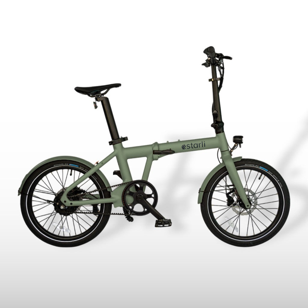 Estarli e20.X folding e-bike in Sage Green, Pro with guards and integrated lights