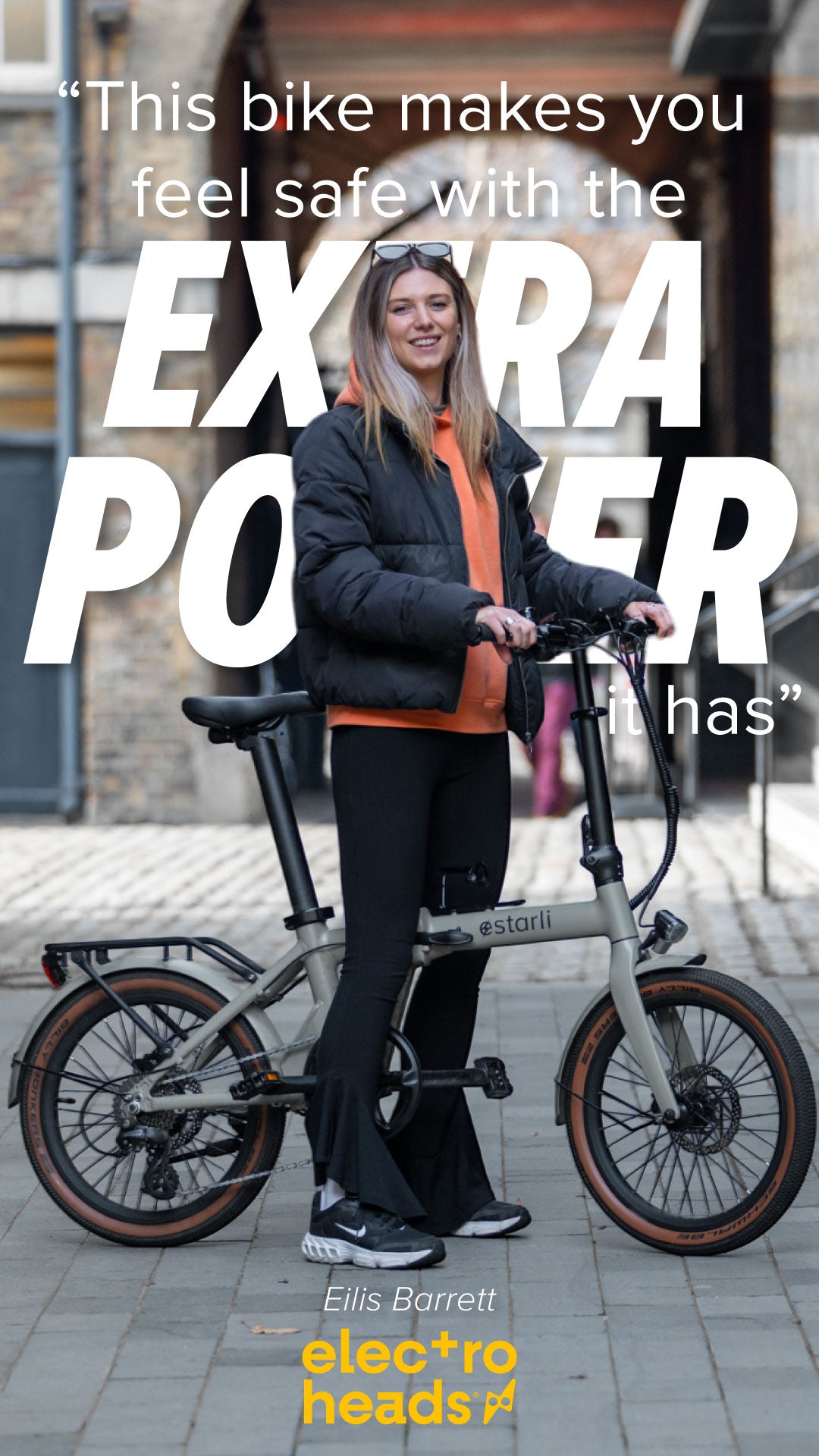 "The extra power of the Estarli e20.8 folding e-bike makes you feel safe". Eilis Barrett reviewing the five-star folding e-bike made in Britain