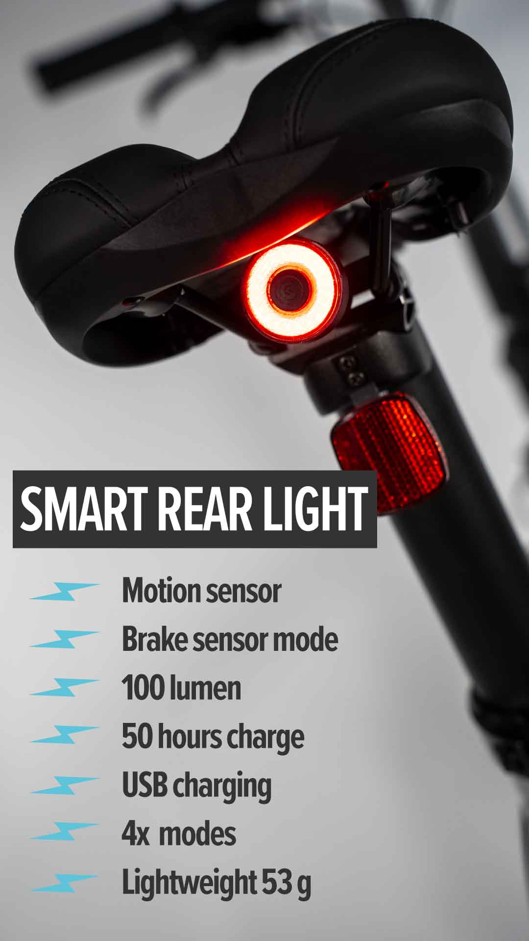 The Estarli smart rear light with motion sensor and brake sensor mode